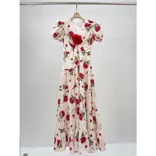 New 2021 Fashion Runway Autumn Vintage Long Dress Women V-neck Short Sleeve Floral print Ruffles Elegant Vacation Chiffon Dress
