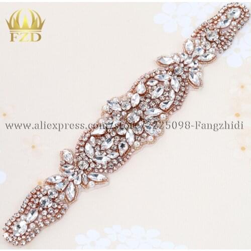 10 pieces Wholesale Handmade Hot Fix Strais Sew On Diamante Bridal Rose Gold Beaded Appliques for Wedding Dresses Belts