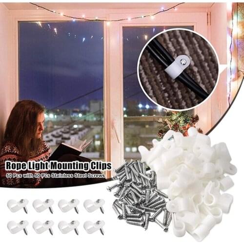 50 Pcs 3/8 Inch Rope Light Mounting Clips With 50 Pcs Stainless Steel Screws P-Style Nylon LED Cable Clips Cable Organizer