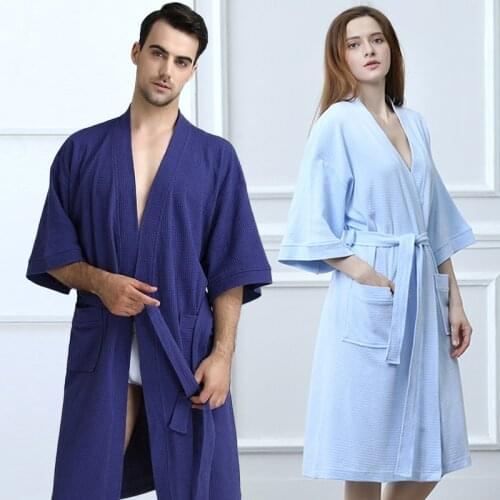 100% Cotton Sexy Waffle Kimono Bath Robe Women Men Knee Length Towel Suck Sweat Summer Bathrobe Femme Bridesmaid Dressing Gown