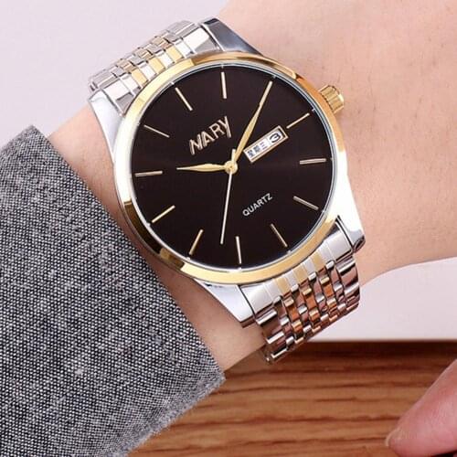 NARY Date Calendar Scratch-resistant Round Dial Stainless Steel Belt Men Watch Quartz Wristwatch Fashion Business Mens Watches