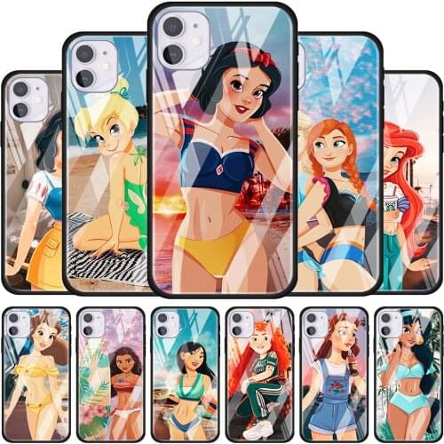Disney Beach Princess for Apple iPhone 12 Pro Max Mini 11 Pro XS Max X XR 6S 6 7 8 Plus Luxury Tempered Glass Phone Case
