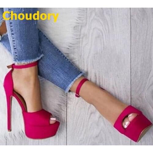 Choudory Fuchsia Suede Stiletto Heel Dress Pumps Open Toe Platform Buckle Strap Banquet Shoes Size46 Vogue Heels Dropship