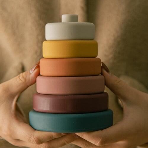 Baby Soft Silicone Stacking Blocks Toy Round Colorful Shape Silicone Construction Toy Montessori Early Education Toys Baby Gift