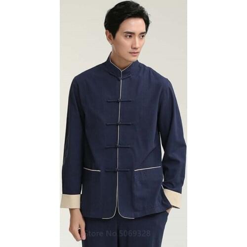 Chinese Style Hanfu Tops for Men Cotton Long Sleeve Tang Suit Jacket Vintage Stand Collar Tai Chi Uniform Wushu Clothes