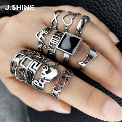 JShine New Trendy Punk Two-tones Stainless Steel Rings Hollow Heart Chain Enameled Geometric Rings Set Women Jewelry