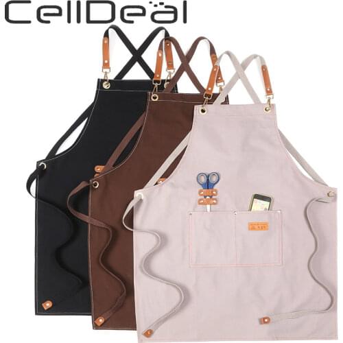 Kitchen Chef Canvas Aprons Multi Pockets Multipurpose Work Apron For Bar Restaurant Grill Cafe Barbecue Milk Tea Shop Garden