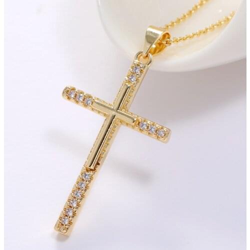 LUALA Gold Color CZ Cross Pendant Necklace Chain For Women And Girl Shiny Zircon Classic Religious Jewelry No Fade