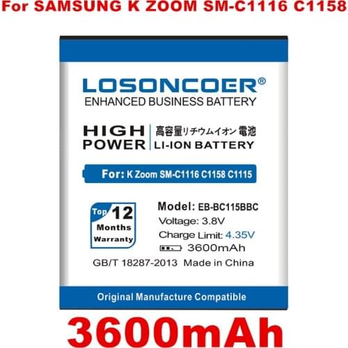 LOSONCOER 3600mAh EB-BC115BBC Battery For Samsung GALAXY K Zoom SM-C1116 C1158 C1115 EB-BC115BBE Battery