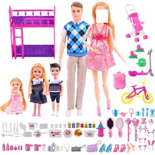 6 Person Happy Family Dolls Pregnant Baby Ken&Wife With Mini Stroller Carriages For Baby Dolls Child Kids Toys For Girls Gift