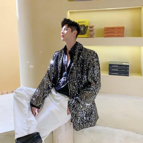 Men Sequins Casual Loose Suit Coat Overcoat Male Vintage Fashion Stage Show Blazer Jacket Outerwear