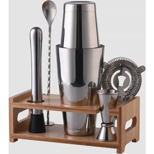 Cocktail Shaker Bartender Kit 10Pcs Stainless Steel Cocktail Strainer Ice Spoon Wooden Stand Pourers Bar Tools