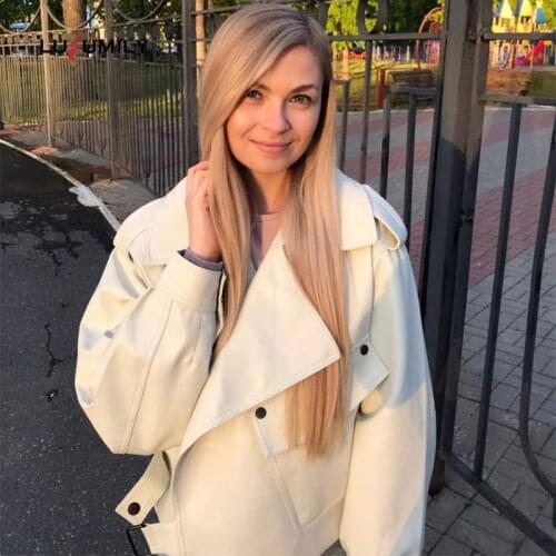 Lusumily New Arrivals Women Faux Leather Jacket Pu Motorcycle Biker Beige Leather Coat Fashion Turndown Collar Loose Streetwear