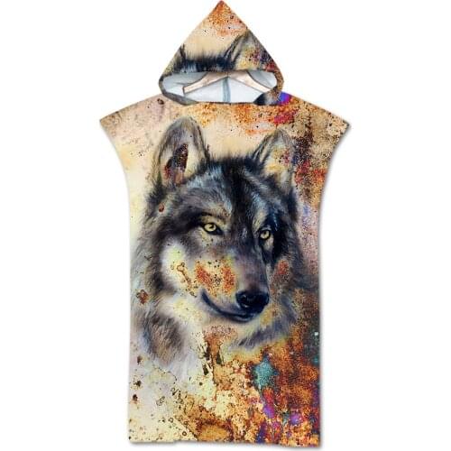 New Printed wolf Microfiber Fabric Hooded Bath Towels Multifuction Beach Towel Changing Bathrobe beach cover ups