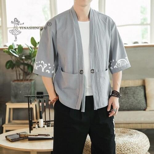 New Men Japanese Kimono Print Yukata Coat Summer Seven-point Sleeve Suit Linen Jacket Male Samurai Japan Haori Cardigan Costume