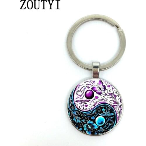 New/glamour fashion yin and yang butterfly photos, male and female keychain quality car key pendant, convex glass keychain