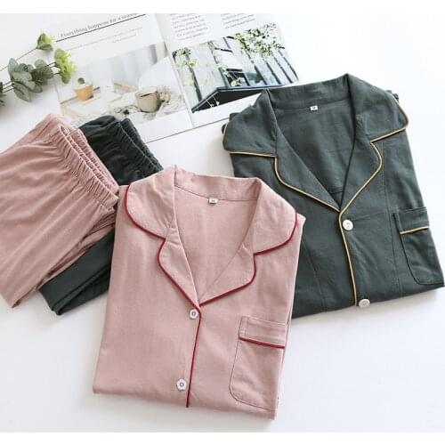 Spring and Autumn Couple Pajamas Long-sleeved Pure Cotton Knit Womens Winter Home Service Suit Solid Color Men