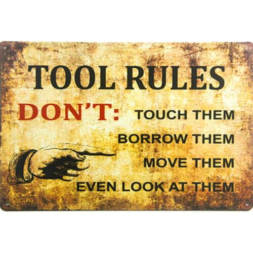 Shabby chic Retro Tool Rules don't even look at them metal wall art sticker