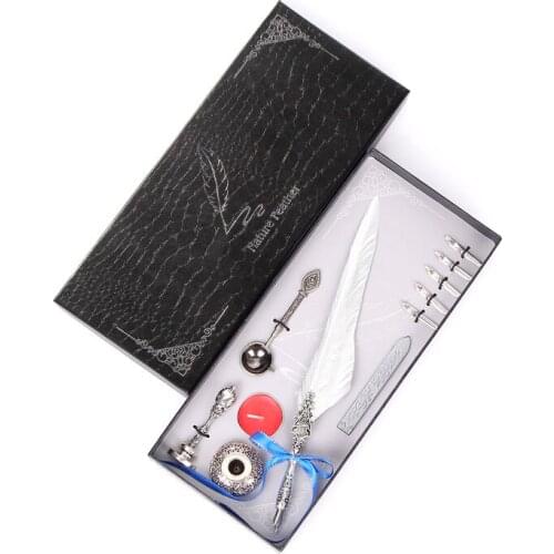 Retro Exquisite Feather Pen Complete Set Ink Set Stationery Gift Box 5 Nibs Creative Design Beautiful Gold White Two Color Pen