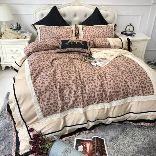100% Egyptian Cotton Embroidered Luxury Royal Bedding Set 4/6Pcs King Queen Duvet Cover Bed Sheet set Pillowcase leopard coffee