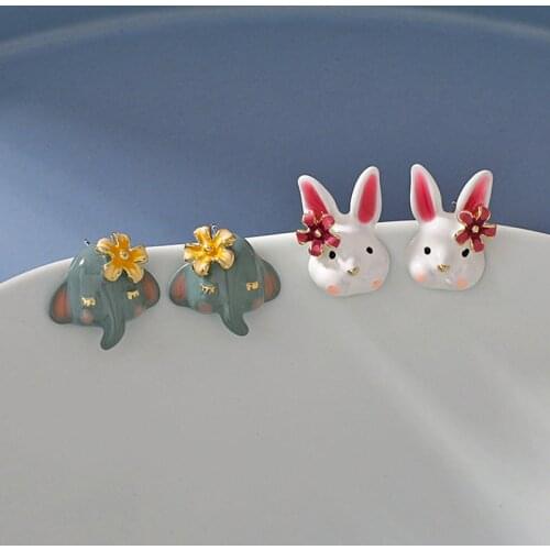 S925 Needle Cartoon Animal Earrings Dream Handmade Dripping Oil Cute Rabbit Elephant Flower Stud Ear Jewelry Female Good Gift