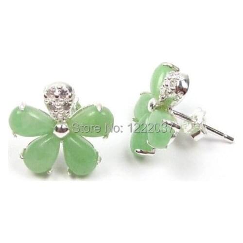 Genuine Natural Green stone 925 sterling silver Flower Design Post Earrings