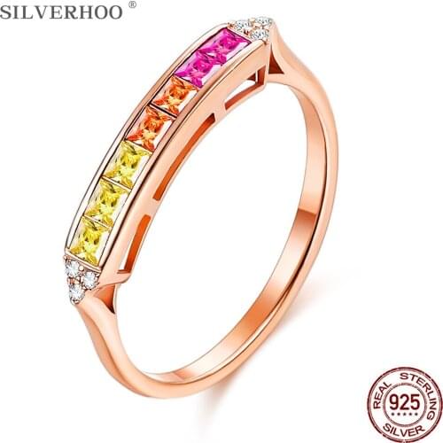 SLIVERHOO Ring For Women 925 Sterling Silver Variety Inlay Colorful Zirconia Rings Rainbow Style Engagement Party Fine Jewelry
