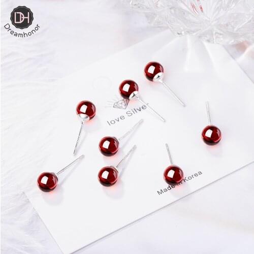 Dreamhonor Fashion Luxury 925 Sterling Silver Red Garnet Stud Earrings Women Exquisite Girlfriend Jewelry Accessories