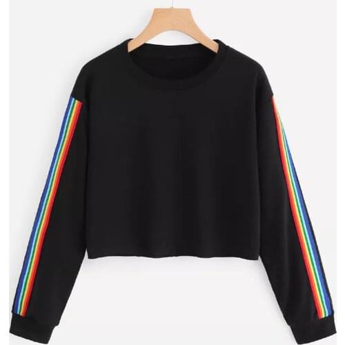 Women Hoodies Autumn Rainbow Stripe Long Sleeve Round Neck Pullover Sweatshirt Harajuku Cropped Tops Jumper Sudadera Mujer