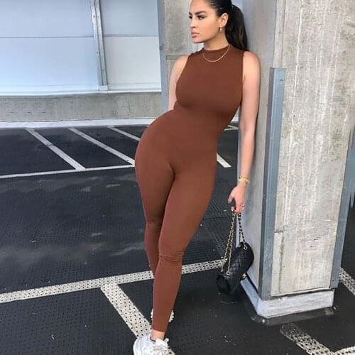 2021 Spring Women Sexy Long Fitness Jumpsuit Streetwear Sleeveless Bodycon Solid Summer Sport Romper Overalls