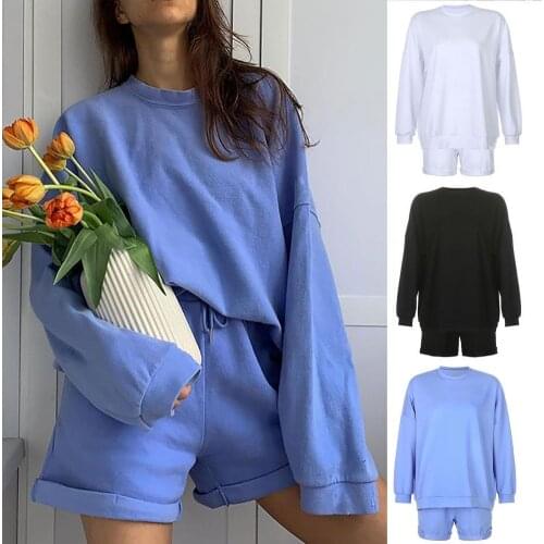 Women Solid Color Two Piece Set Tracksuit Blouse Elegant Slim Pullover Tops Outfit Long Sleeve Blouse Loose Shorts Slim Blouses