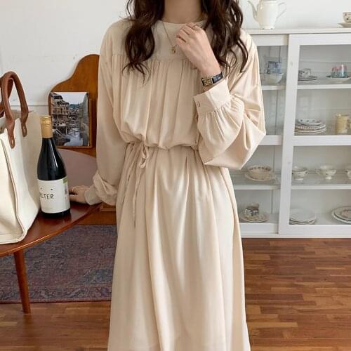 QOERLIN Korean Chic Style O Neck Pleated Dress Women Fashion French Long Sleeve Dress Ladies Loose High Waist Sashes Black Dress