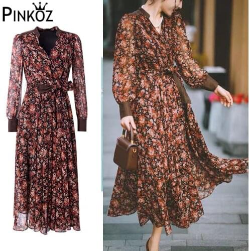 Pinkoz elegant long sleeve v-neck patchwor sashes flower printed mixii dress A-line party casual floral dresses women ropa mujer