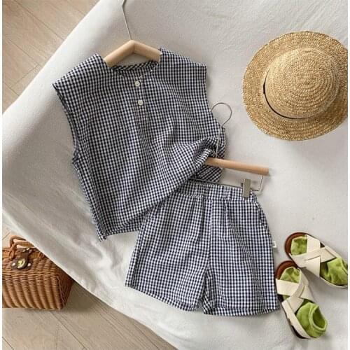 2021 new cotton girls boys 2 pcs set summer cotton plaid shirt+shorts cool soft kids suit