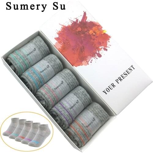 5 Pairs/Lot Running Socks Women Casual Ankle Outdoor Cotton Colorful Stripes Compression Grey Short Socks Girls Ladies 5 Colors