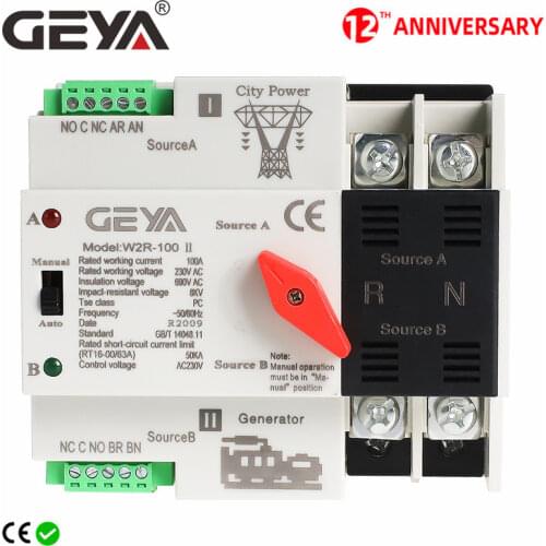 Free Shipping GEYA W2R Mini ATS 2P Automatic Transfer Switch Electrical Selector Switches Dual Power Switch ATS 63A 100A
