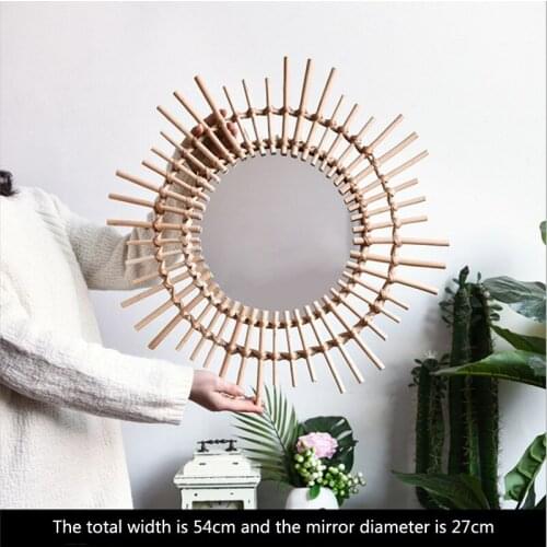 Solid Wood Rattan Dressing Makeup Mirror Creative Art Decorative Mirror Wall Living Room Porch Retro Decorative Hanging Mirror