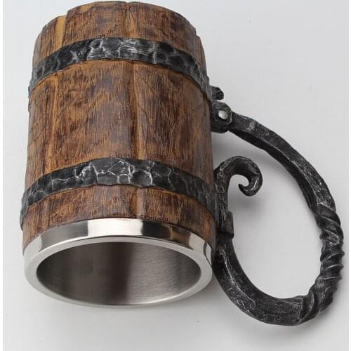 550ML Wooden Barrel Beers Mug Bucket Shaped Large Capacity Stainless Steel Liner Cup Large Handle Simulation Log JDH88