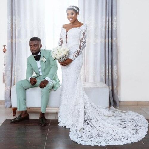 Graceful Full Lace Mermaid Wedding Dresses Square Neck Long Sleeve Pearls Bridal Gowns Sweep Train Country Wedding Gowns