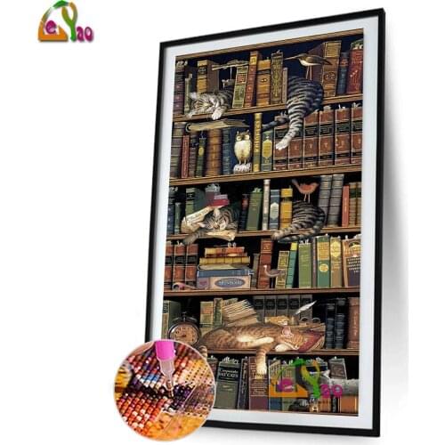 5D DIY Diamond Painting Bookcase Cat Full Square Round Drill Diamond Embroidery Mosaic Wall Art Picture of Rhinestone Home Decor