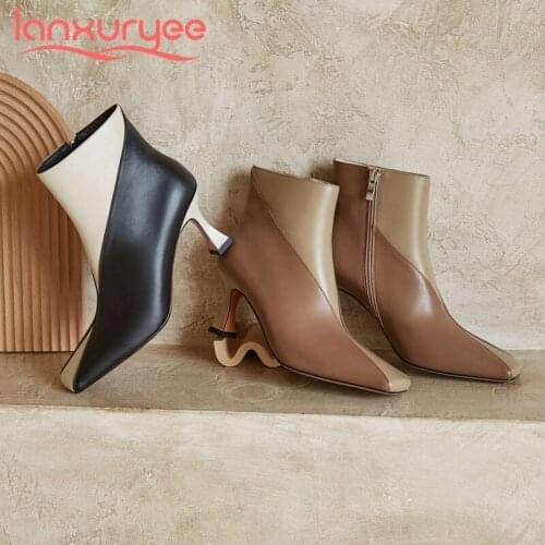 Lanxuryee short boots streetwear korean girls real leather mixed colors square toe thin high heel zipper mature ankle boots L76