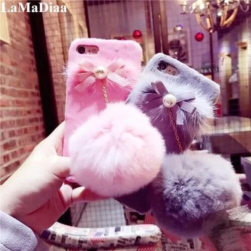 LaMaDiaa DIY Cute Bow Rabbit Fur Hairball Plush Phone Case For iPhone XS XR XS Max X 5S SE 6 6S 7 8 Plus Winter Plush Back Cover