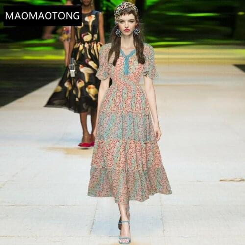 Fashion Designer Dress Summer Womens Dress Beaded Lace V-neck Ruffles Short Sleeve Elastic Waist Floral-Print Dresses