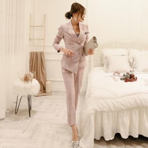 Fashion Slim Fit Lady Plaid Suits Set Female Single Breasted Blazer Jacket Pencil Pants 2 Pieces Suits Set Business Casual Sets