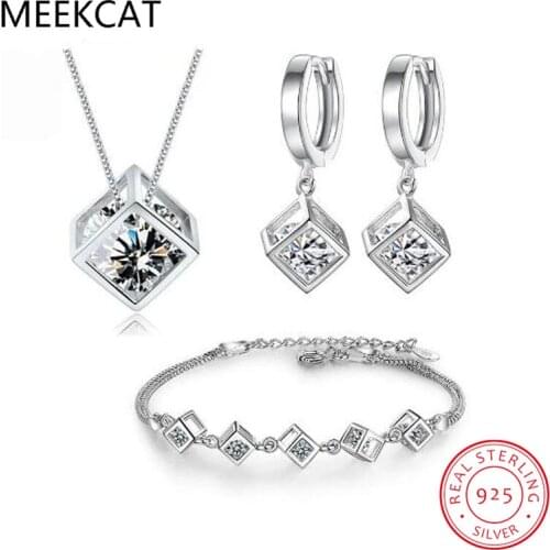 MEEKCAT 5 Style 925 Sterling Silver Jewelry Sets Zircon Square Cube Necklace+Earrings+Bracelet For Women Gift