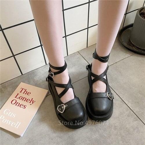 Girl Kawaii Lolita Shoes Japanese Style School Jk Uniform Accessories Lace-up Love Buckle Doll Round Toe Boots Mary Jane Shoes