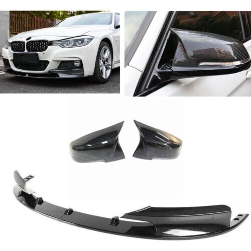 For BMW F30 M Sport 2012-2018 Carbon Fiber Look Front Lip Bumper Spoiler Splitter Guard Moulding Chin & Rear View Mirror Cover