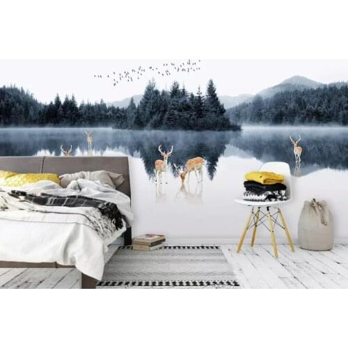 Nordic modern concise forest sika deer landscape living room sofa background wall