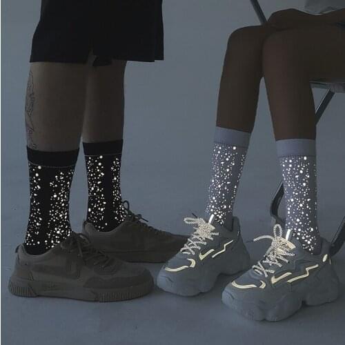 Reflective Women Sock Fashion Streetwear Hip Hop Socks For Women Man Black White Skateboard Glitter Long Socks Elasticity