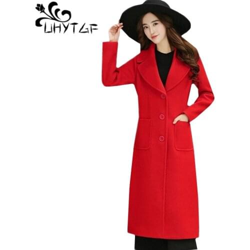 UHYTGF Plus size Outerwear Female Casual Winter Woolen Coat Single-breasted slim Lady long coat fashion Cashmere Wool jacket167